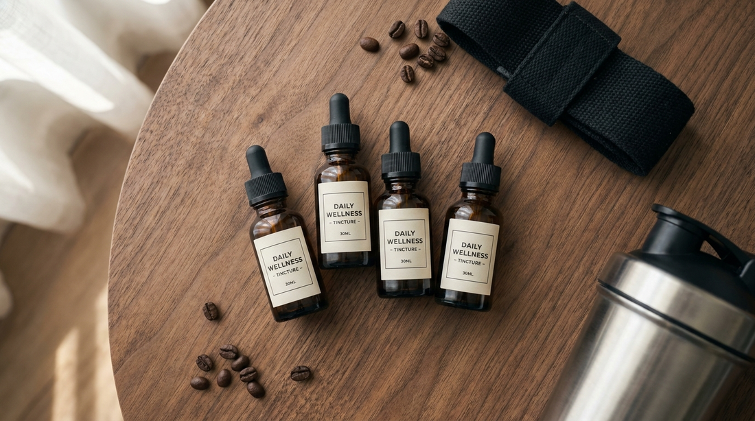 Vintage Muscle liquid prohormone tincture bottles on a wood desk next to a gym shaker bottle