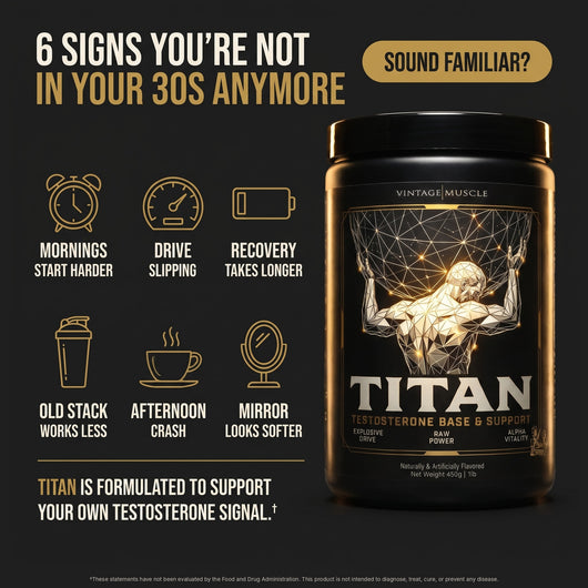 Six signs you are not in your 30s anymore: mornings start harder, drive slipping, recovery takes longer, old stack works less, afternoon crash, mirror looks softer. TITAN is formulated to support your own testosterone signal.