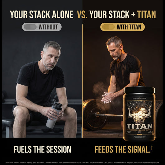 Split image of the same man in his 40s. Your stack alone fuels the session. Your stack plus TITAN feeds the signal. Illustration.