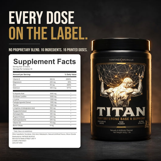 TITAN Supplement Facts panel beside the tub. No proprietary blend: 16 ingredients, 16 printed doses. Serving size 16 g, 30 servings.