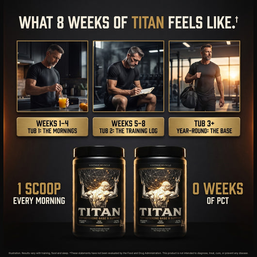 What 8 weeks of TITAN feels like: weeks 1 to 4, tub 1, the mornings; weeks 5 to 8, tub 2, the training log; tub 3 and on, the year-round base. 1 scoop every morning, 0 weeks of PCT.