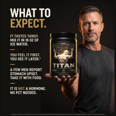 Man in his 40s holds the TITAN tub. What to expect: it tastes tangy, mix it in 16 oz of ice water; you feel it first and see it later; a few men report stomach upset, take it with food; it is not a hormone, no PCT needed.