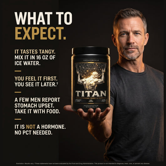 Man in his 40s holds the TITAN tub. What to expect: it tastes tangy, mix it in 16 oz of ice water; you feel it first and see it later; a few men report stomach upset, take it with food; it is not a hormone, no PCT needed.