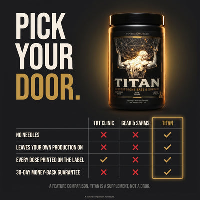 Feature comparison of a TRT clinic, gear and SARMs, and TITAN: no needles, leaves your own production on, every dose printed on the label, 30-day money-back guarantee. TITAN is a supplement, not a drug.