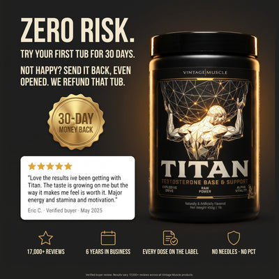 Zero risk. 30-day first-tub money-back guarantee seal, a verified buyer review from Eric C., and the TITAN tub.