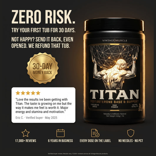 Zero risk. 30-day first-tub money-back guarantee seal, a verified buyer review from Eric C., and the TITAN tub.