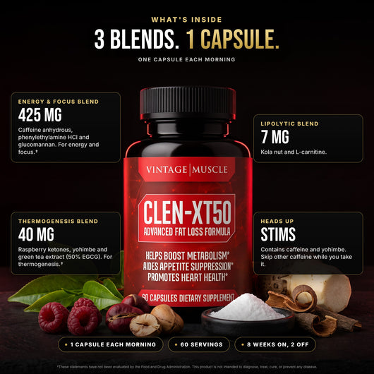 What's inside CLEN-XT50: Energy and Focus Blend 425 mg, Thermogenesis Blend 40 mg, Lipolytic Blend 7 mg. Contains caffeine and yohimbe.