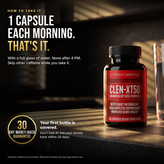 How to take CLEN-XT50: 1 capsule each morning with water. None after 4 PM. 30-day money-back guarantee on your first bottle.