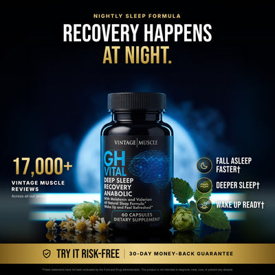 Vintage Muscle GH-VITAL capsule bottle under blue moonlight. Recovery happens at night. 30-day money-back guarantee.