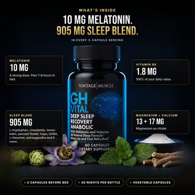 What's inside GH-VITAL: melatonin 10 mg, a 905 mg sleep blend, vitamin B6 1.8 mg, magnesium 13 mg and calcium 17 mg per serving.