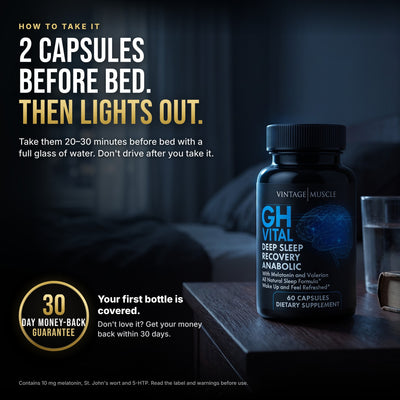 How to take GH-VITAL: 2 capsules 20 to 30 minutes before bed. 30-day money-back guarantee on your first bottle.