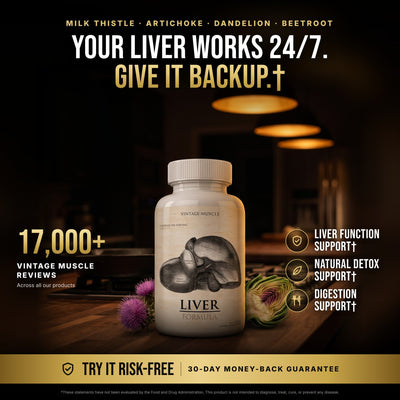 Vintage Muscle Liver Formula bottle on a kitchen counter with milk thistle and artichoke. Your liver works 24/7. Give it backup. 30-day money-back guarantee.