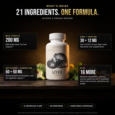 What's inside Liver Support: milk thistle 200 mg, artichoke and dandelion 50 mg each, zinc 30 mg and choline 12 mg, plus 16 more ingredients in every 2-capsule serving.