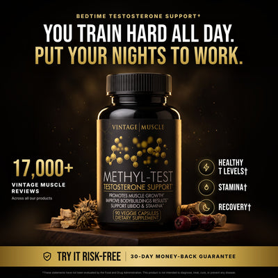 Vintage Muscle METHYL-TEST capsule bottle on dark walnut. You train hard all day. Put your nights to work. 30-day money-back guarantee.